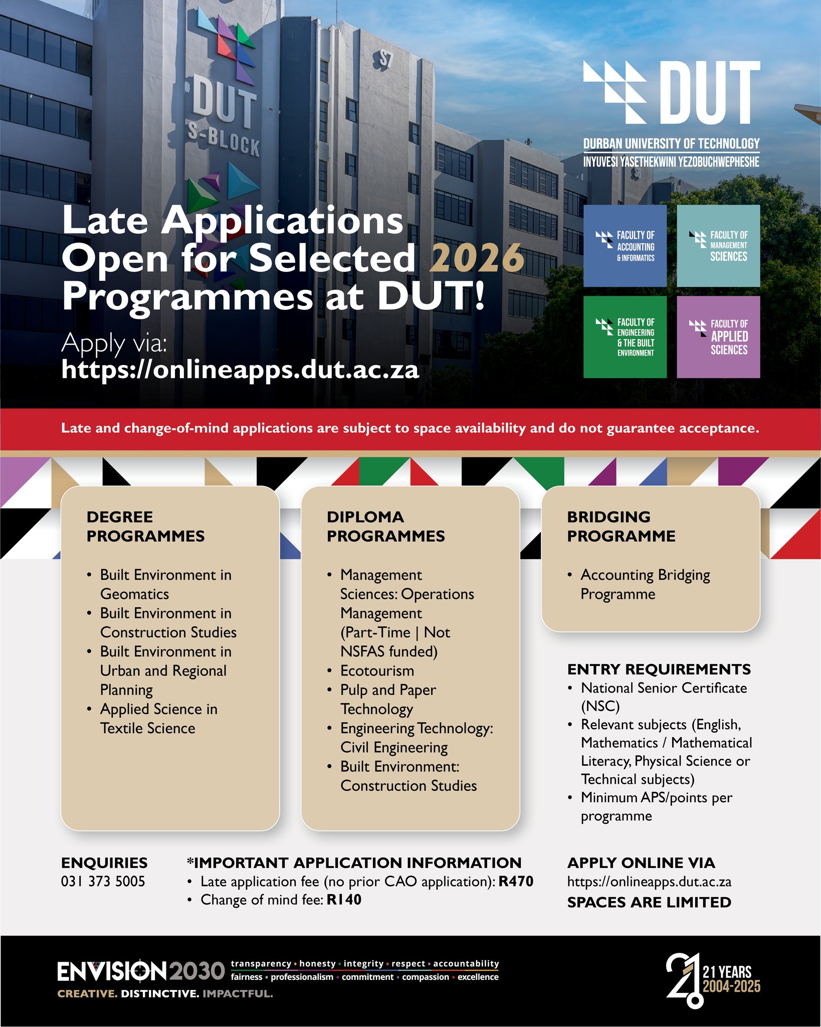 Late Applications Now Open for Selected 2026 Programmes at DUT